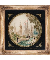 An Eglomise Framed Needlework Panel, with Oriental Scenery and French Ship