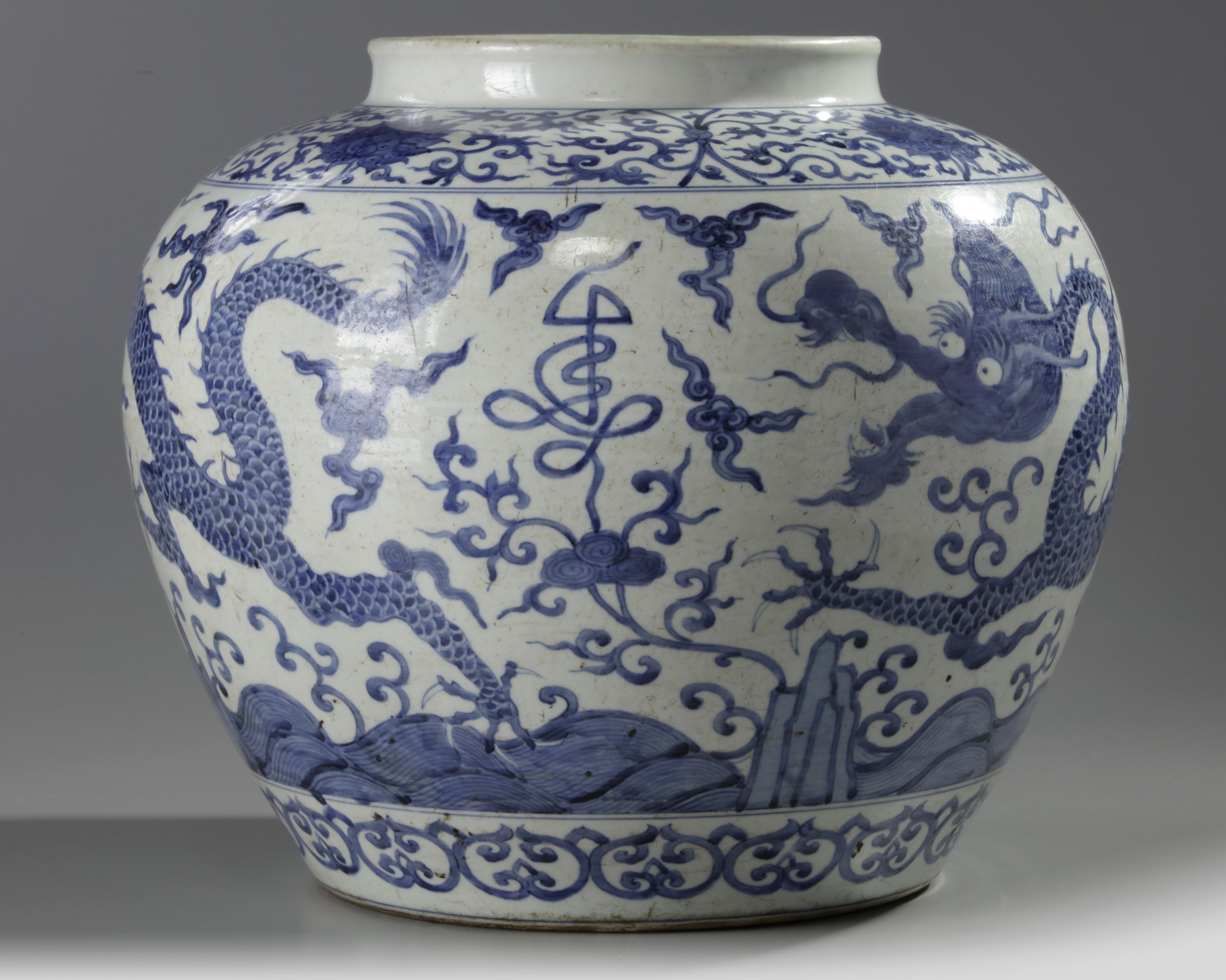 A large Chinese blue and white Mingstyle 'dragon' jar OAA
