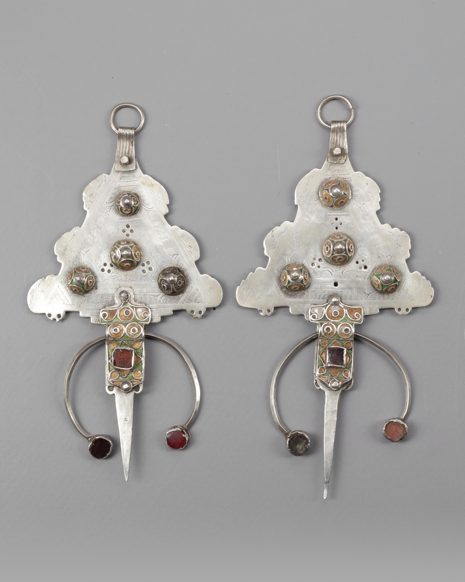 A Pair Of Silver Fibula With Mineral Stone Inlay Oaa