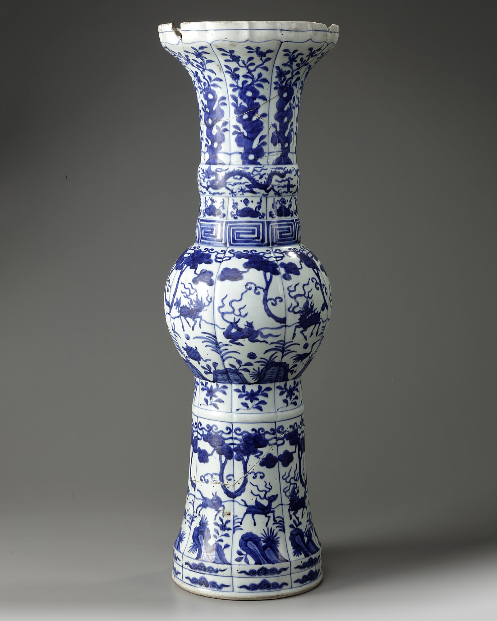 A large Chinese Mingstyle blue and white 'mythical beasts' gu vase OAA