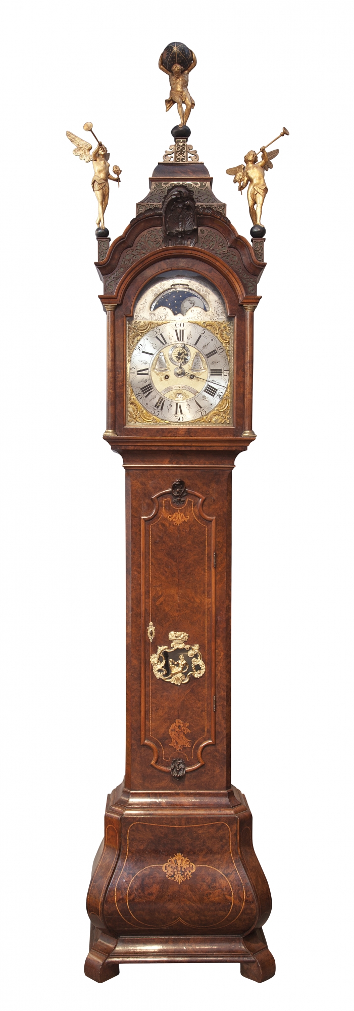 A fine burr walnut longcase clock with calendar Uswald circa 1750 |