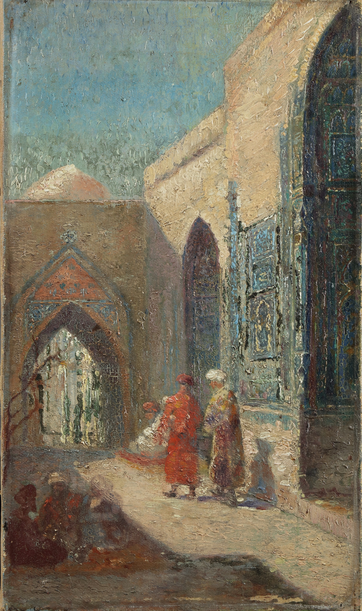 A Painting Depicting People Sitting In The Shadow And Talking Near