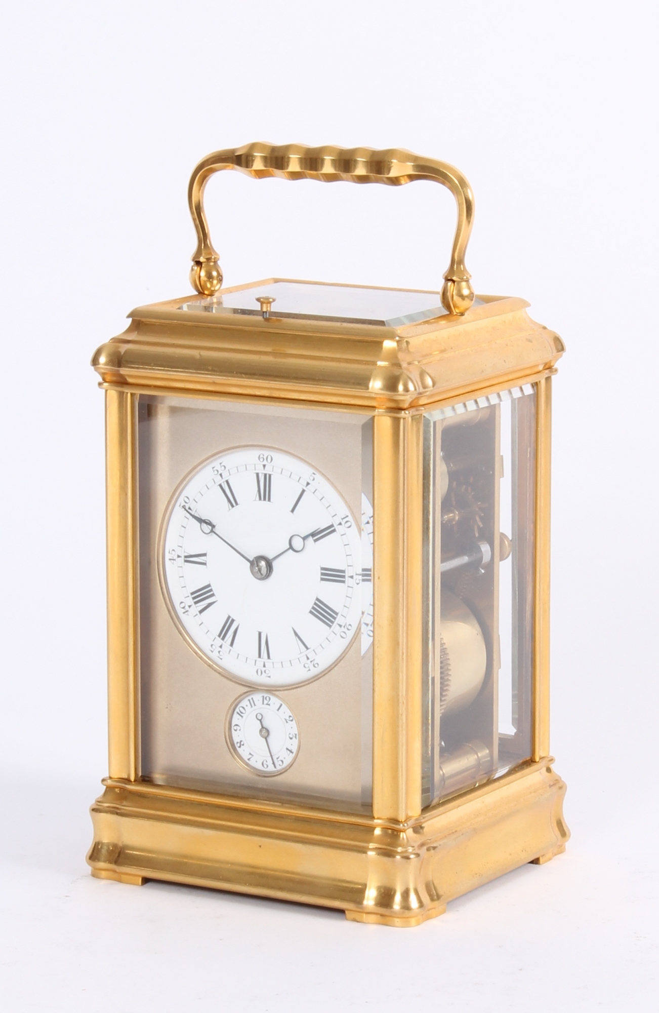 A good French gilt brass quarter repeating travel clock with gorge case ...