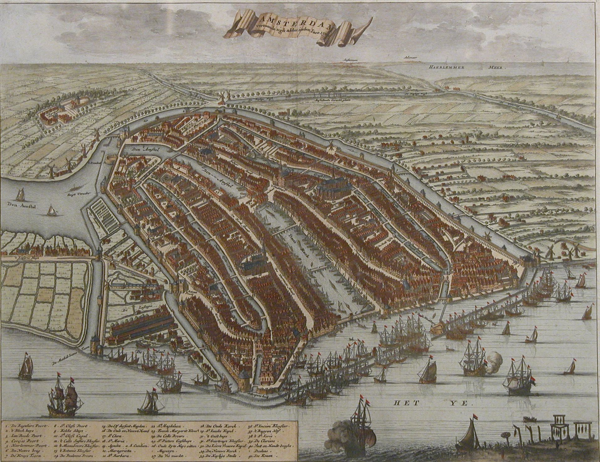 Trek factor haak Plattegrond van Amsterdam in 1500. Casparus Commelin 1691. Antieke  Kopergravure. VERKOCHT | Hart