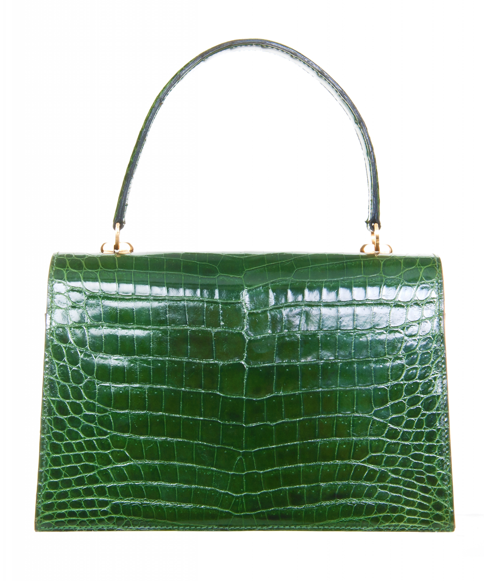 Vintage Emerald Green Crocodile Box Top Handle - Designer Unknown