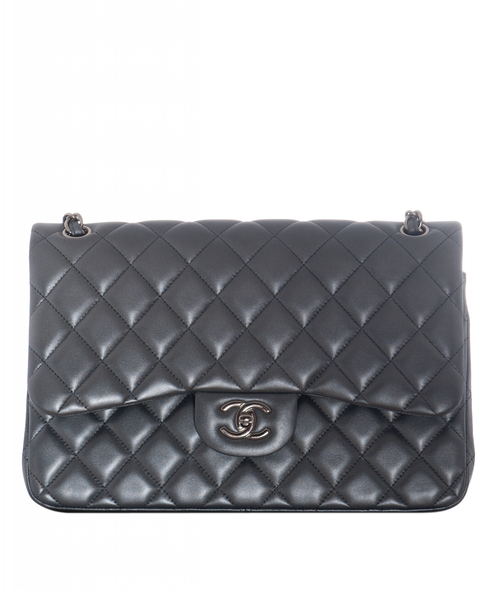Chanel Grey Quilted Lambskin Leather Classic Large Double Flap Bag