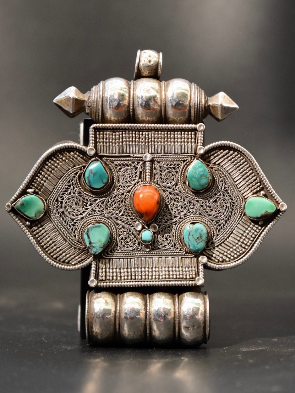 Tibetan Silver Filigree Ga'u Box set with Turquoise, & a Bone Bead Necklace  - Michael Backman Ltd