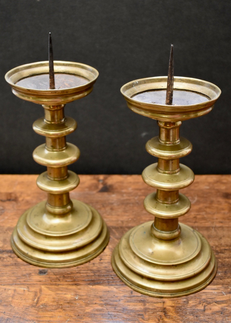 Antique Pair of Two Early 16th Century South-German Late Gothic Brass  Scheibenleuchter