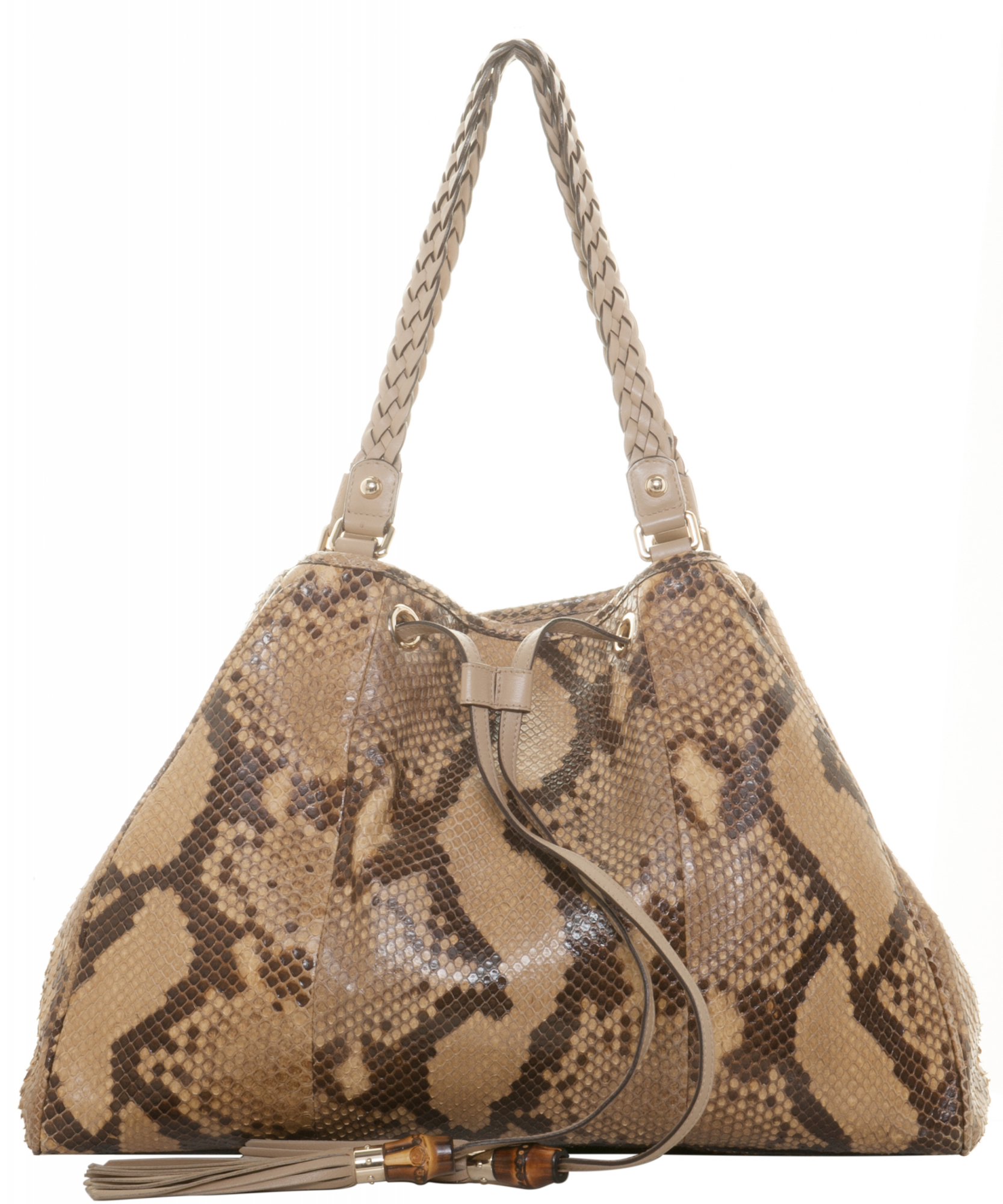 Gucci Beige & Brown Snakeskin Leather Bag With Black Bamboo Top Handles  Gucci