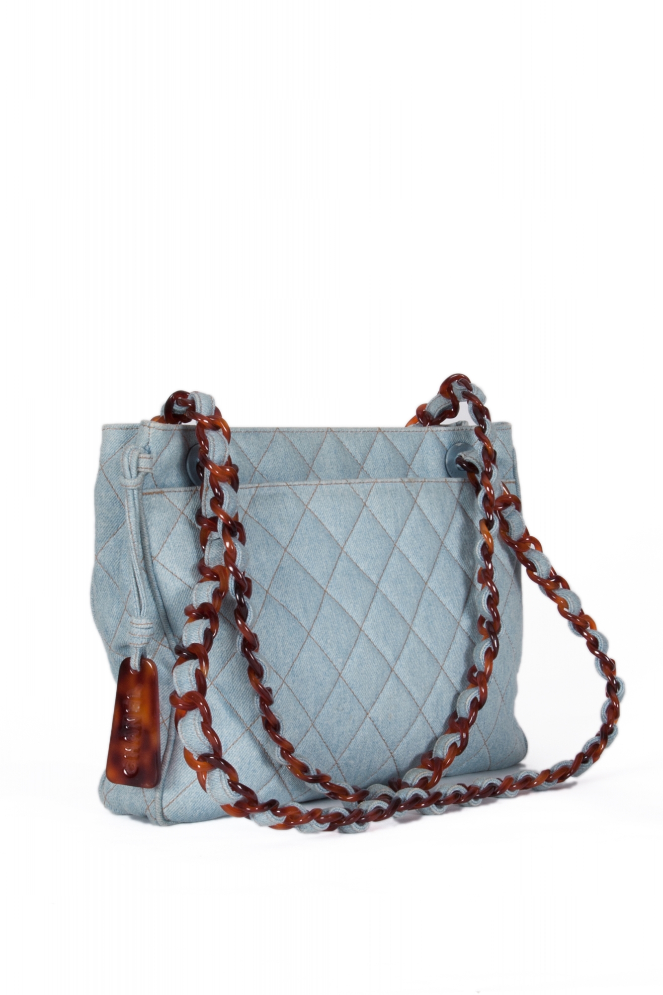 Chanel Blue Denim Quilted Tortoise Chain Shoulder Bag - Chanel