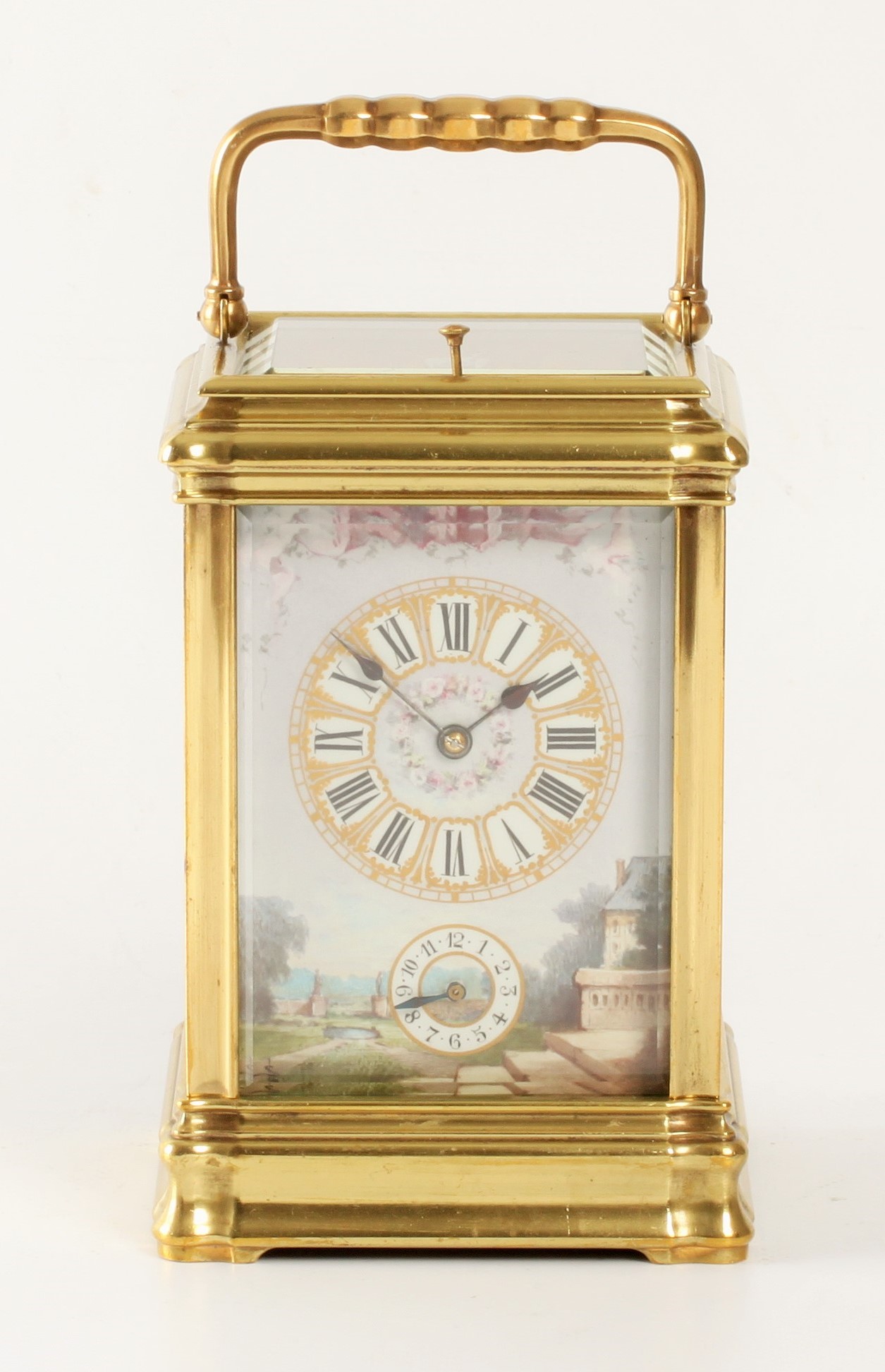 A French porcelain mounted gilt brass carriage alarm clock,circa 1880 ...