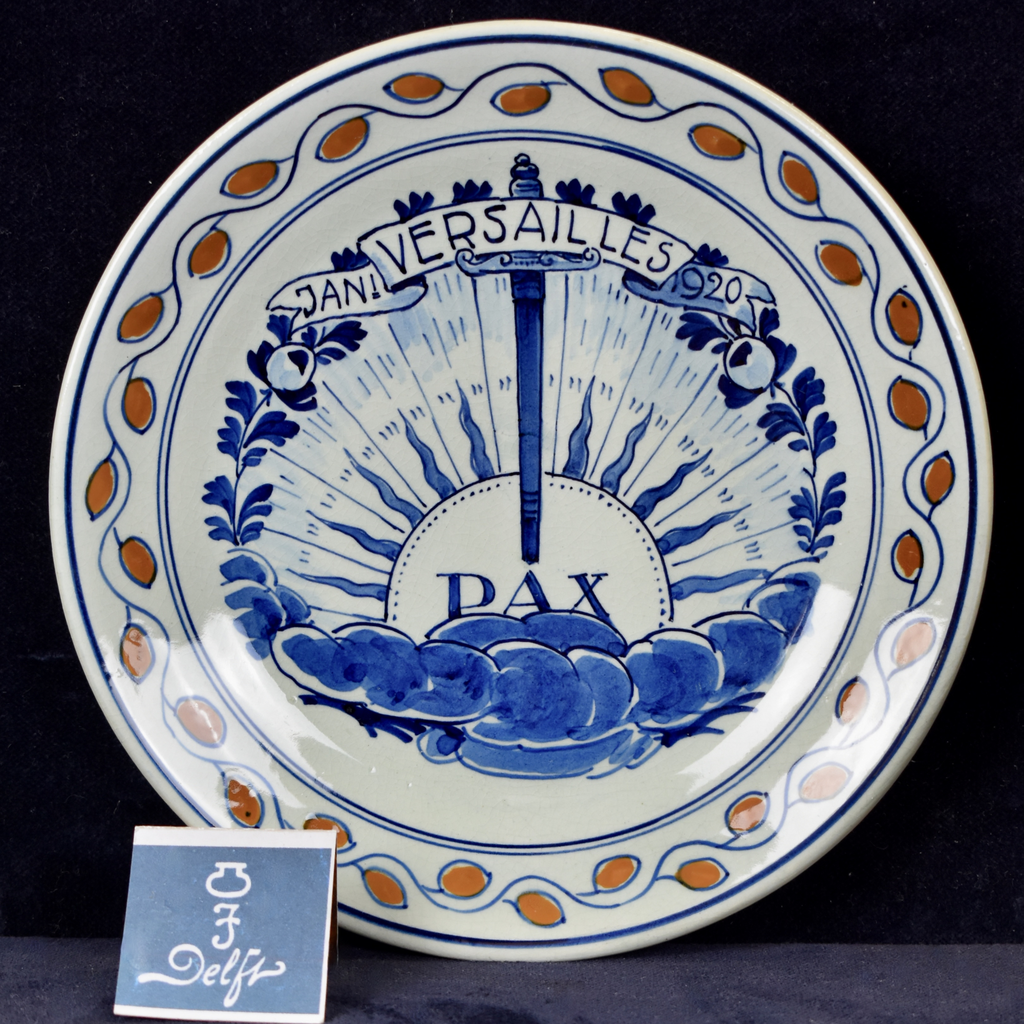 Antique Dutch Orange, Blue & White Royal Delft Great War Plate