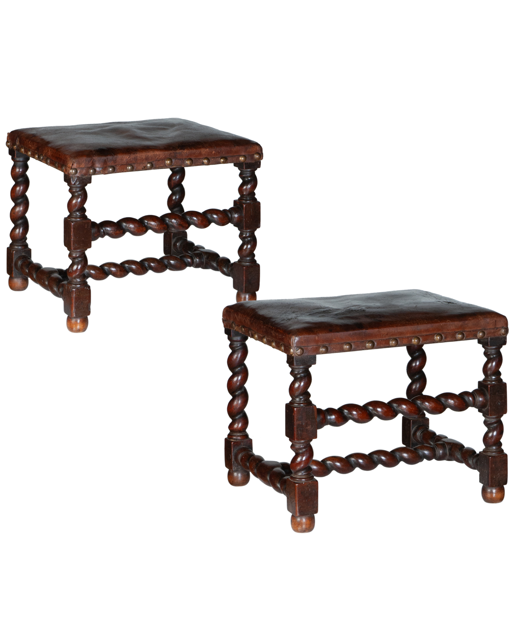 Fine Pair 17th Century Twist Baroque Walnut Stools with Leather