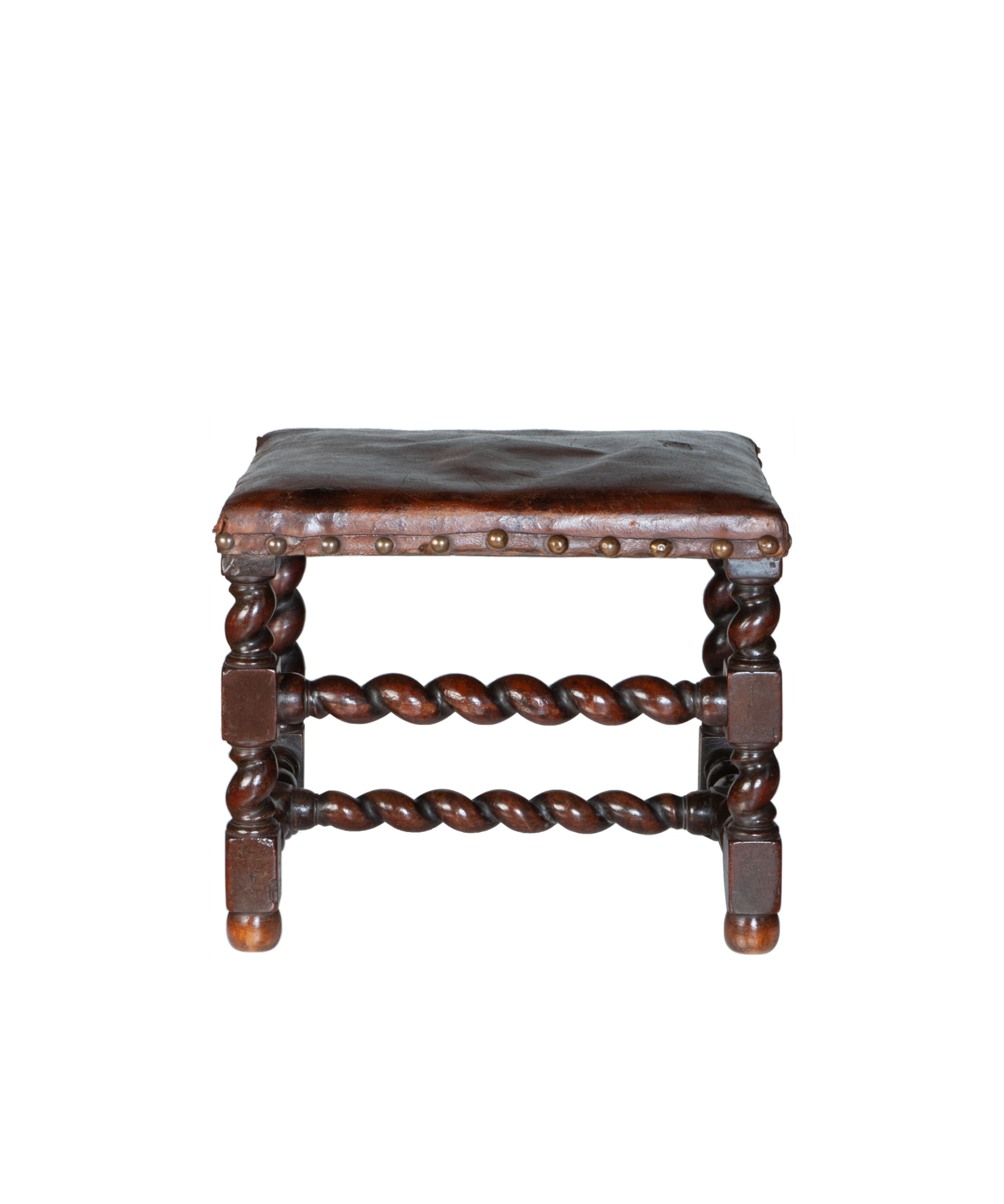 Fine Pair 17th Century Twist Baroque Walnut Stools with Leather