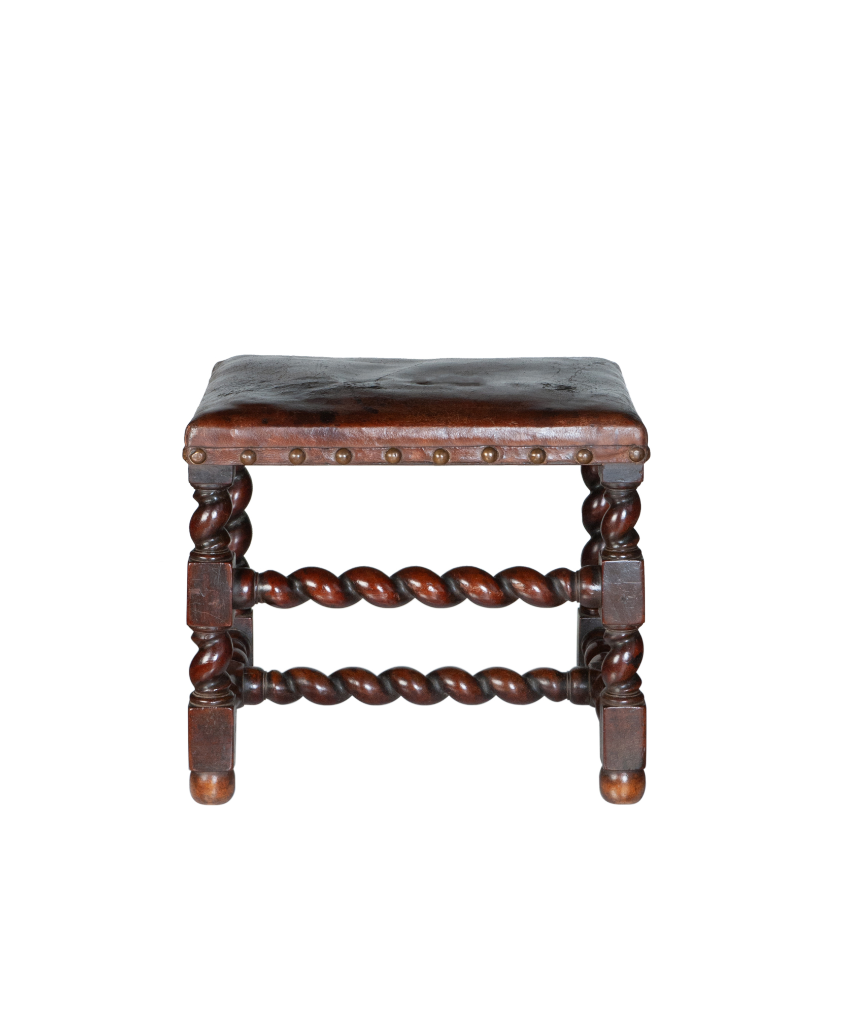 Fine Pair 17th Century Twist Baroque Walnut Stools with Leather