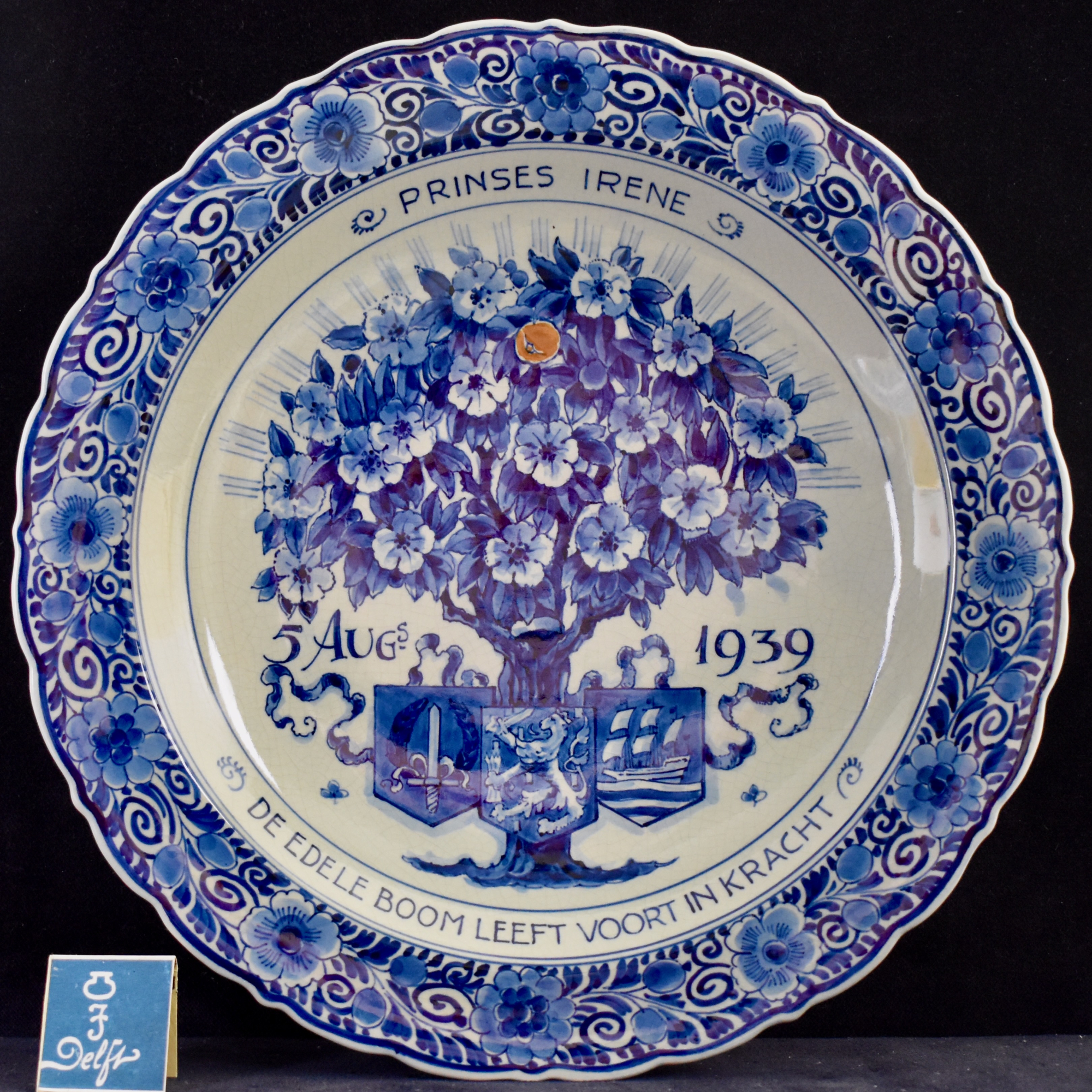 Large Dutch Blue, White & Orange Royal Delft Commemorative Plate
