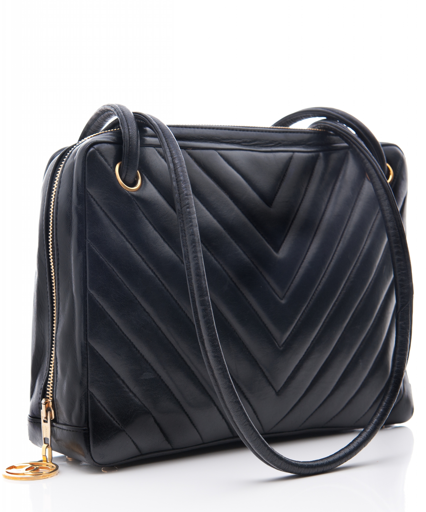 1183. Chanel Vintage Black Leather Chevron Quilted Shoulder Bag, c. 1990s -  March 2014 - ASPIRE AUCTIONS