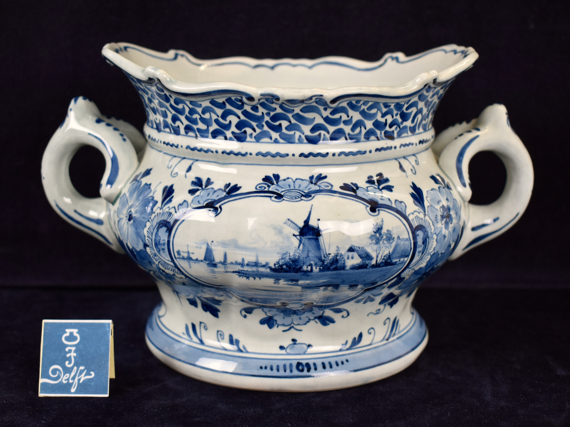 Rare Antique Dutch Blue & White Delft Hand Painted Oval Flowerpot