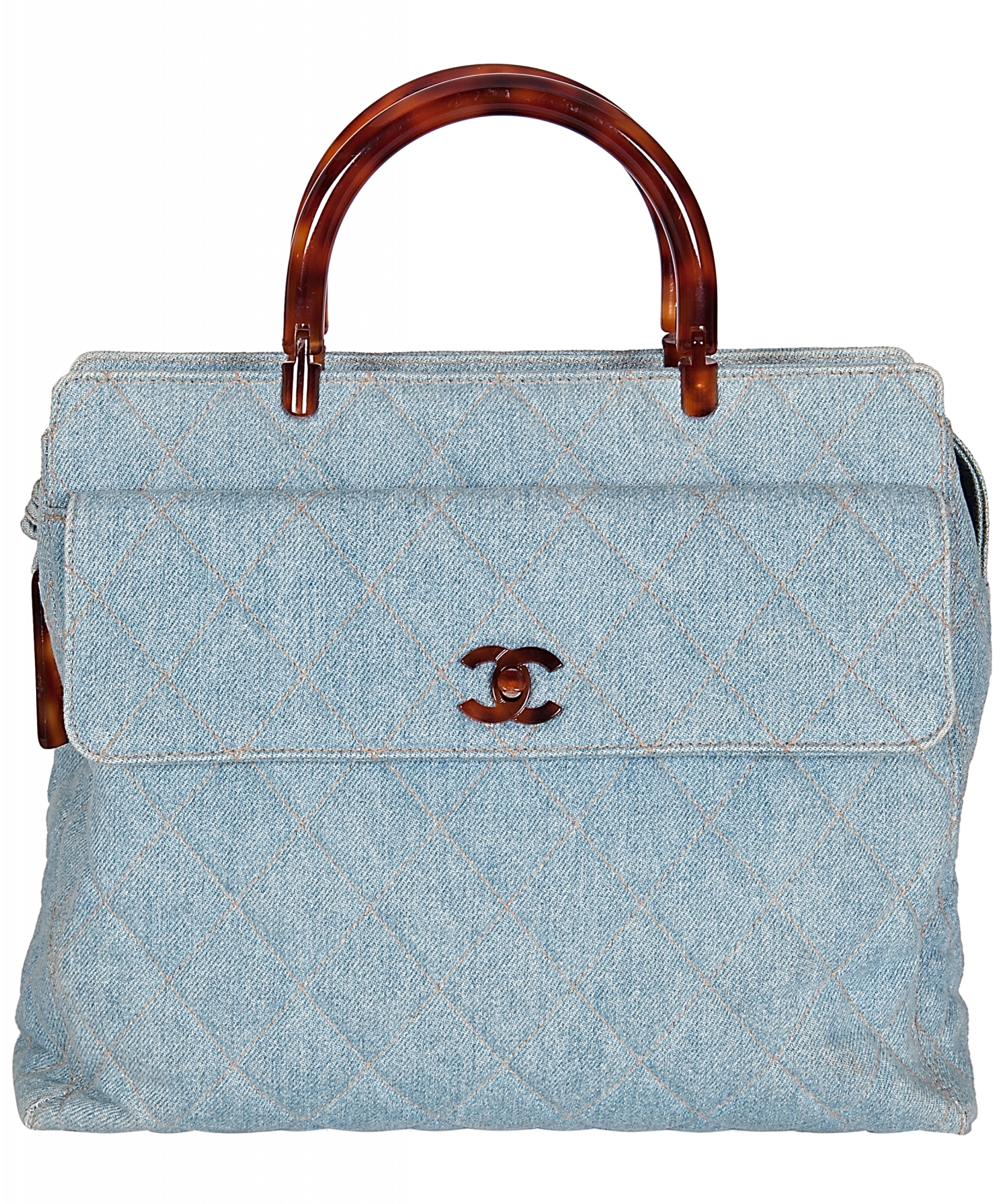 Chanel Vintage Chanel Denim & Tortoise Shell Style Strap Tote Bag