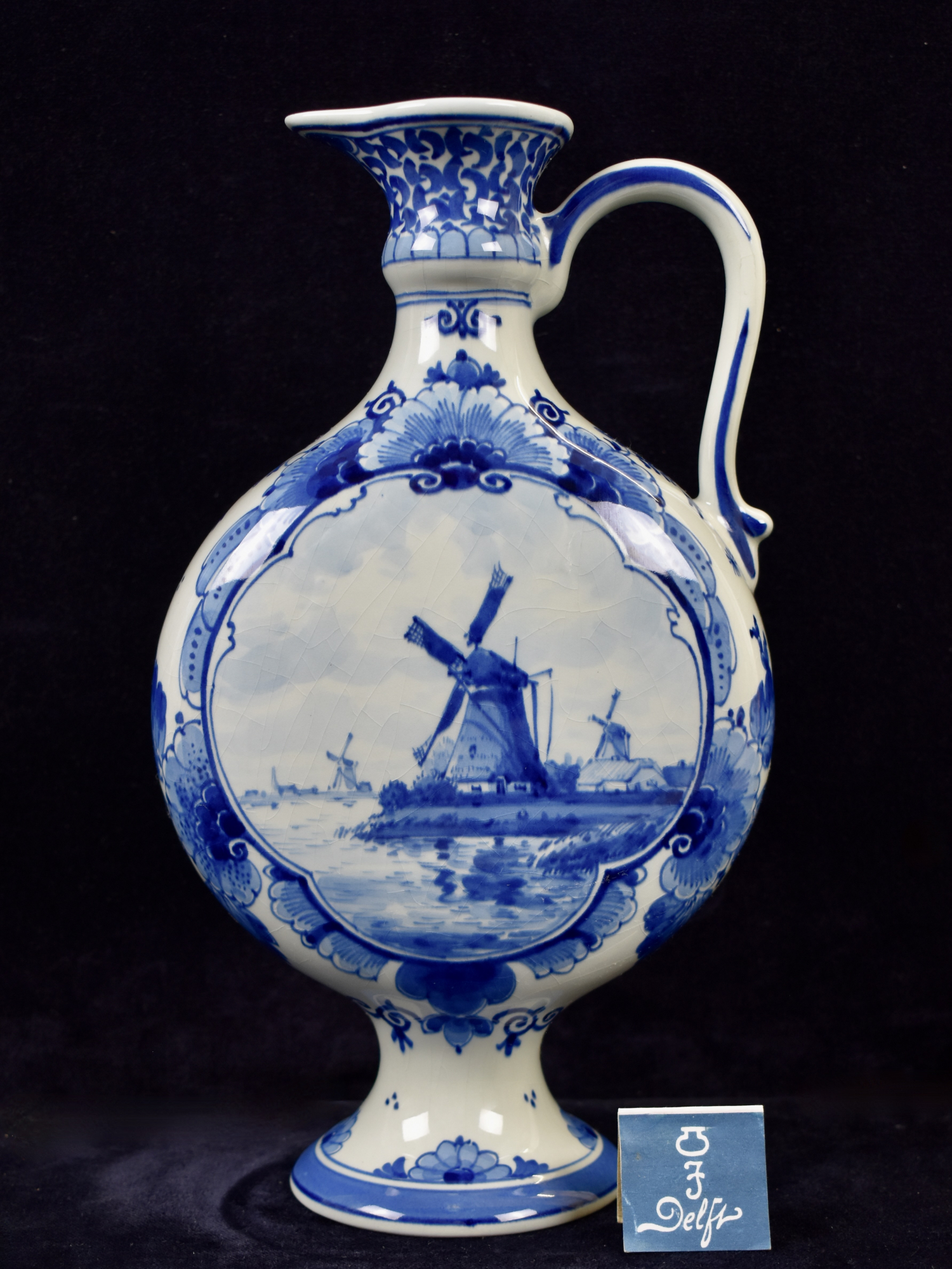 Dutch Blue & White Royal Delft Hand Painted Pilgrims Jug with