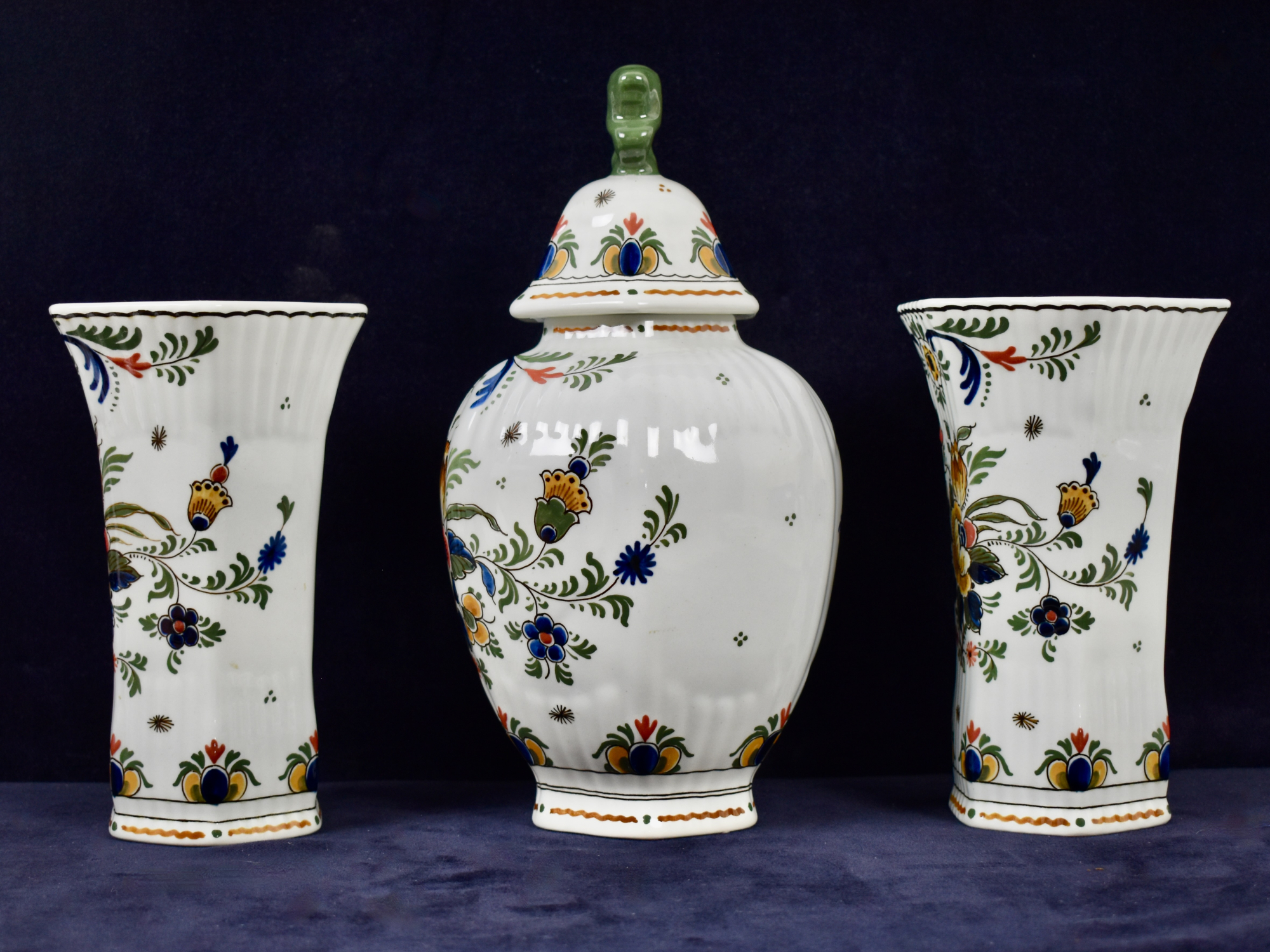 Dutch Polychrome Royal Delft Hand Painted Three Piece Garniture