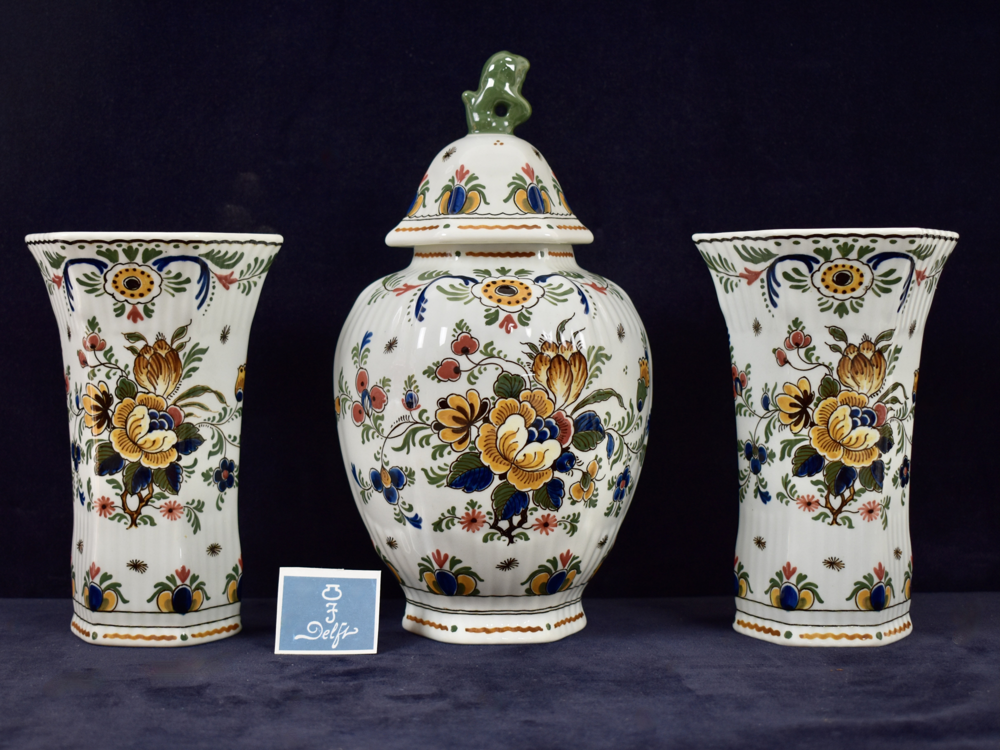 Dutch Polychrome Royal Delft Hand Painted Three Piece Garniture