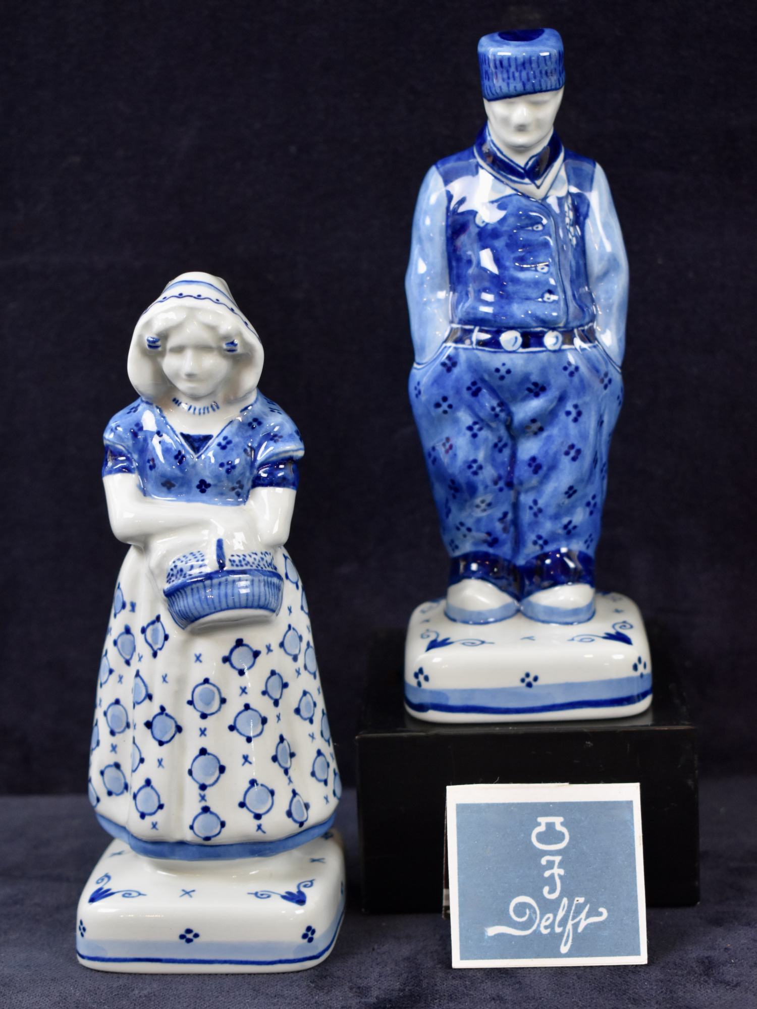 Set of Two Dutch Blue & White Royal Delft Hand Painted Farmer