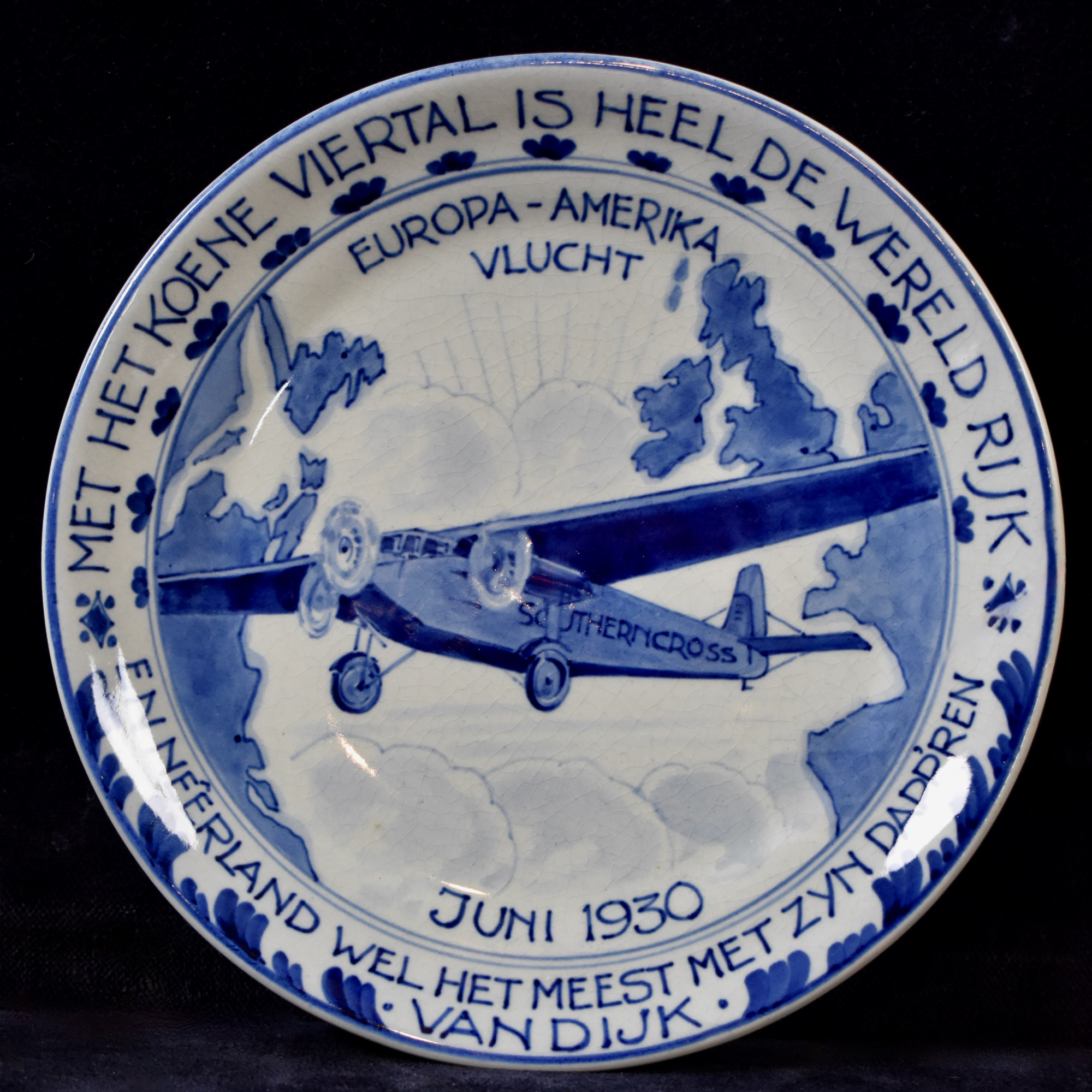 Dutch Blue & White Royal Delft Plate Fokker F.VIIb Southern Cross