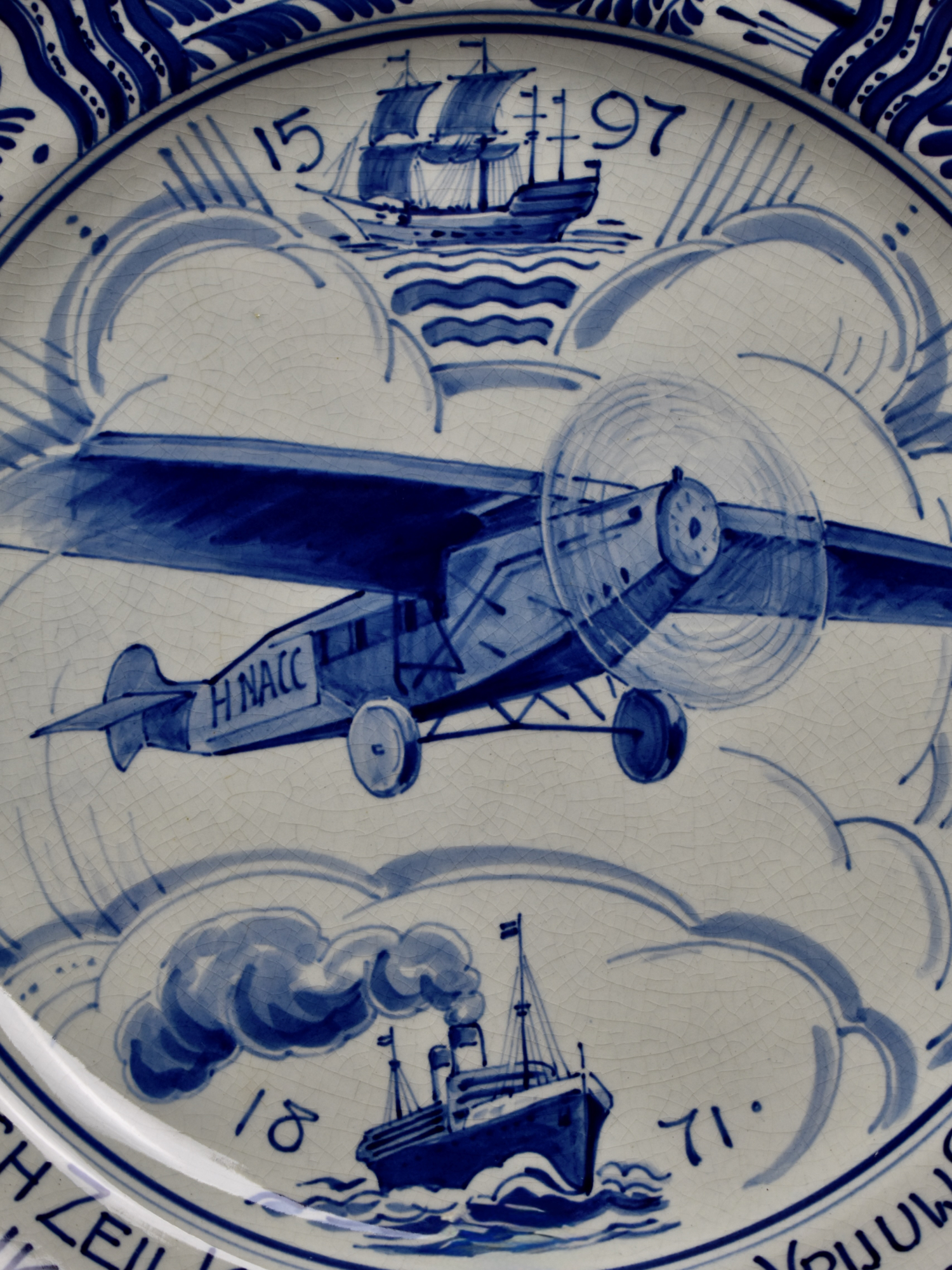 Antique Blue & White Royal Delft Commemorative Plate KLM Fokker F
