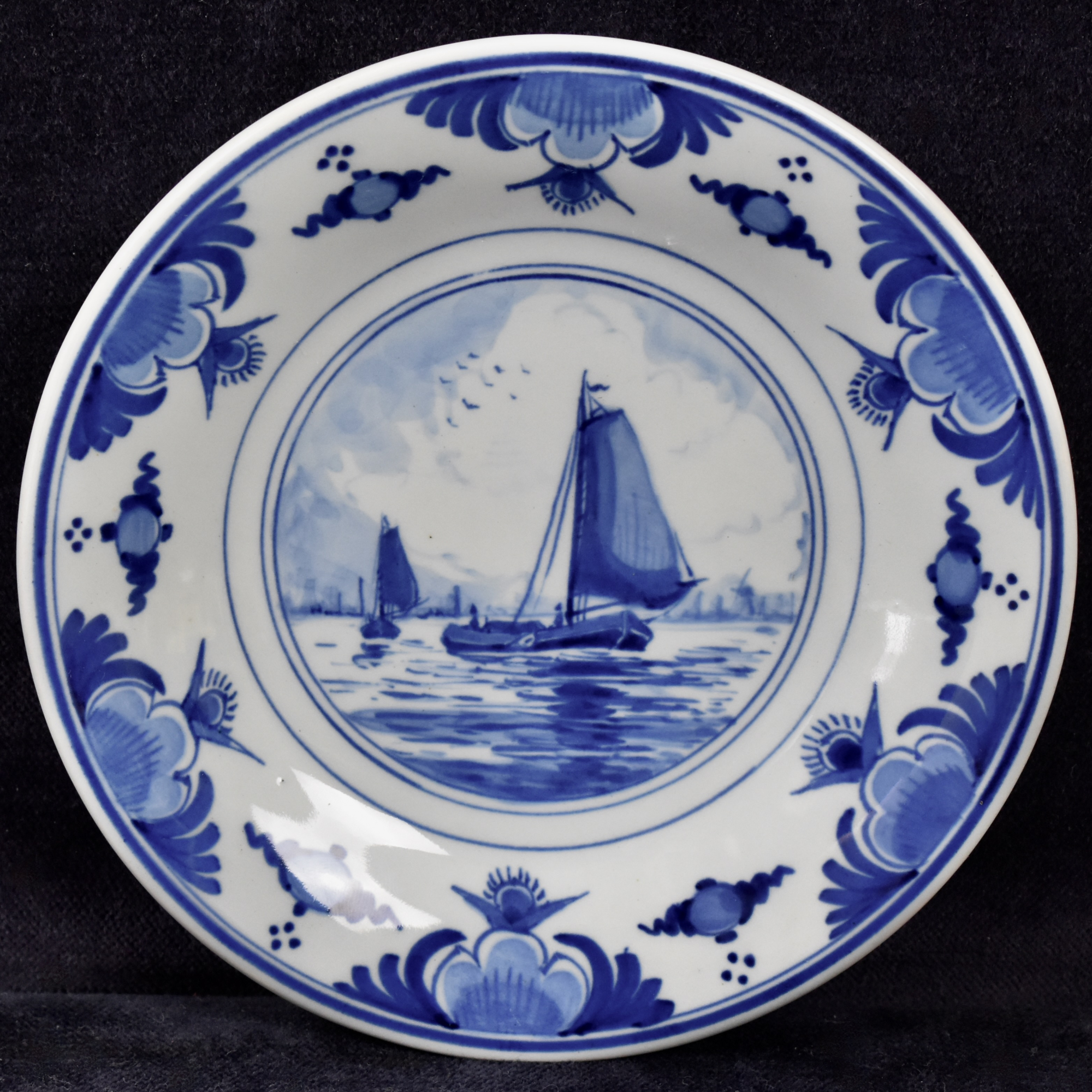 Small Dutch Blue & White Royal Delft Plate with a Sailing Vessel