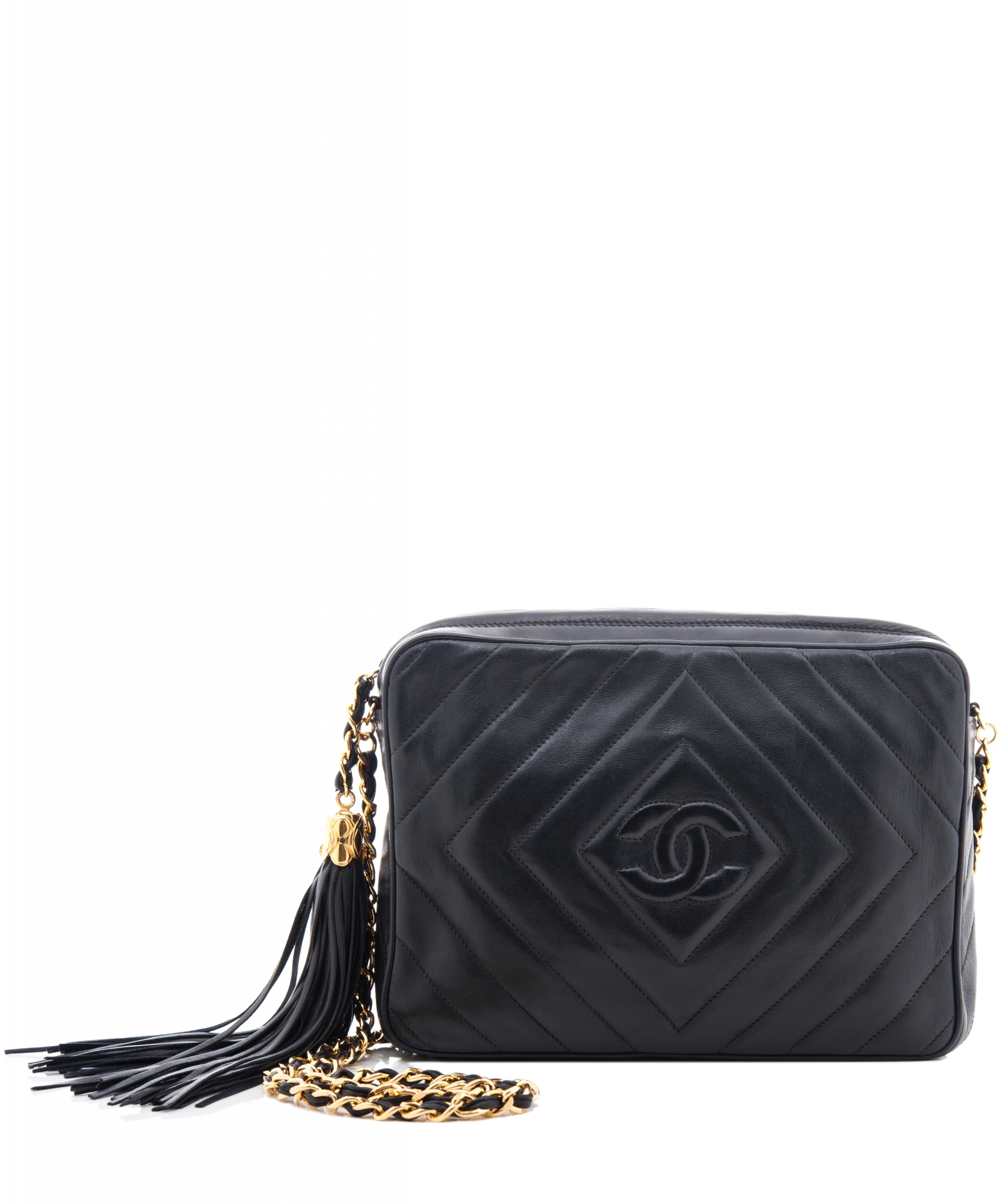 Chanel 'Camera Bag' in Black Chevron Quilted Leather Tassel - Chanel |  ArtListings