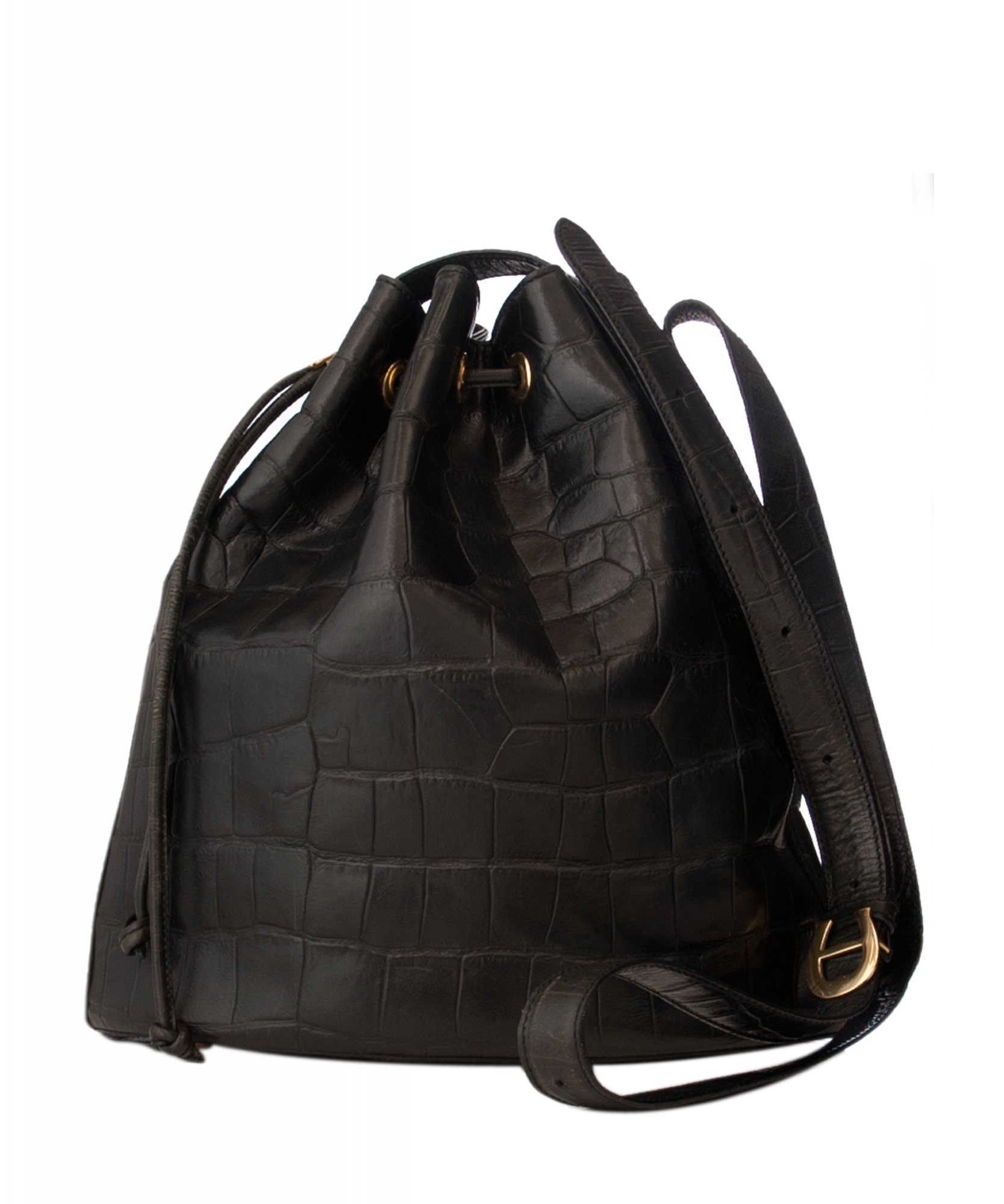 Etienne Aigner Black Leather Croc-Embossed Bucket Bag - Aigner | ArtListings