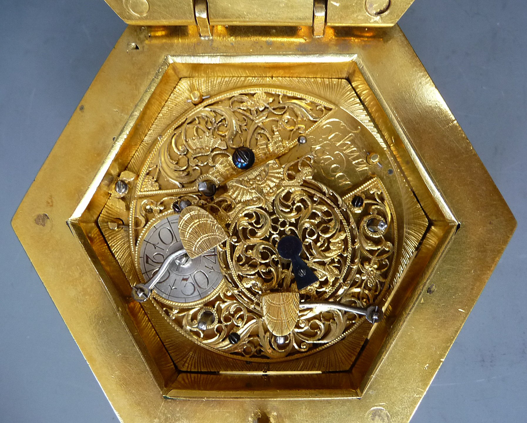 Hexagonal table clock by Cabrier, London circa 1760. ArtListings