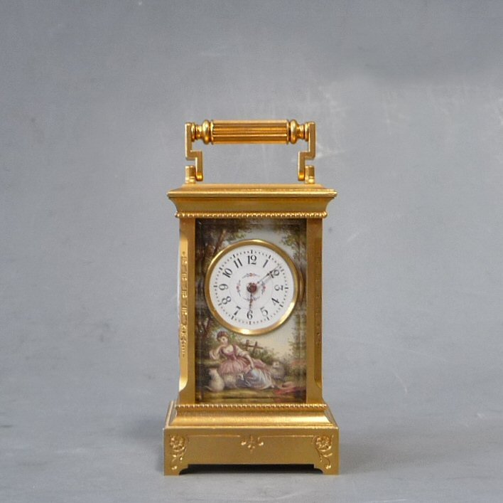 Attractive mini carriage clock , four enamelled panels, 8 day, Swiss ...