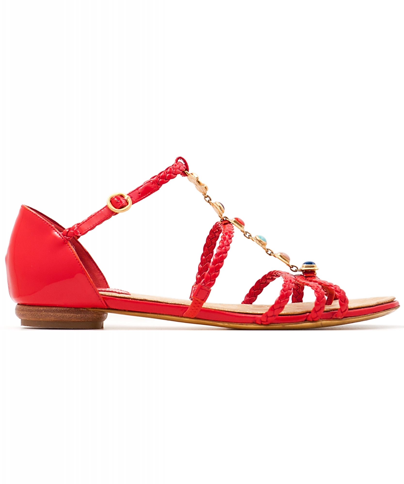 Red Chanel Patent Leather Braided Gripoix Stone Sandals - Chanel
