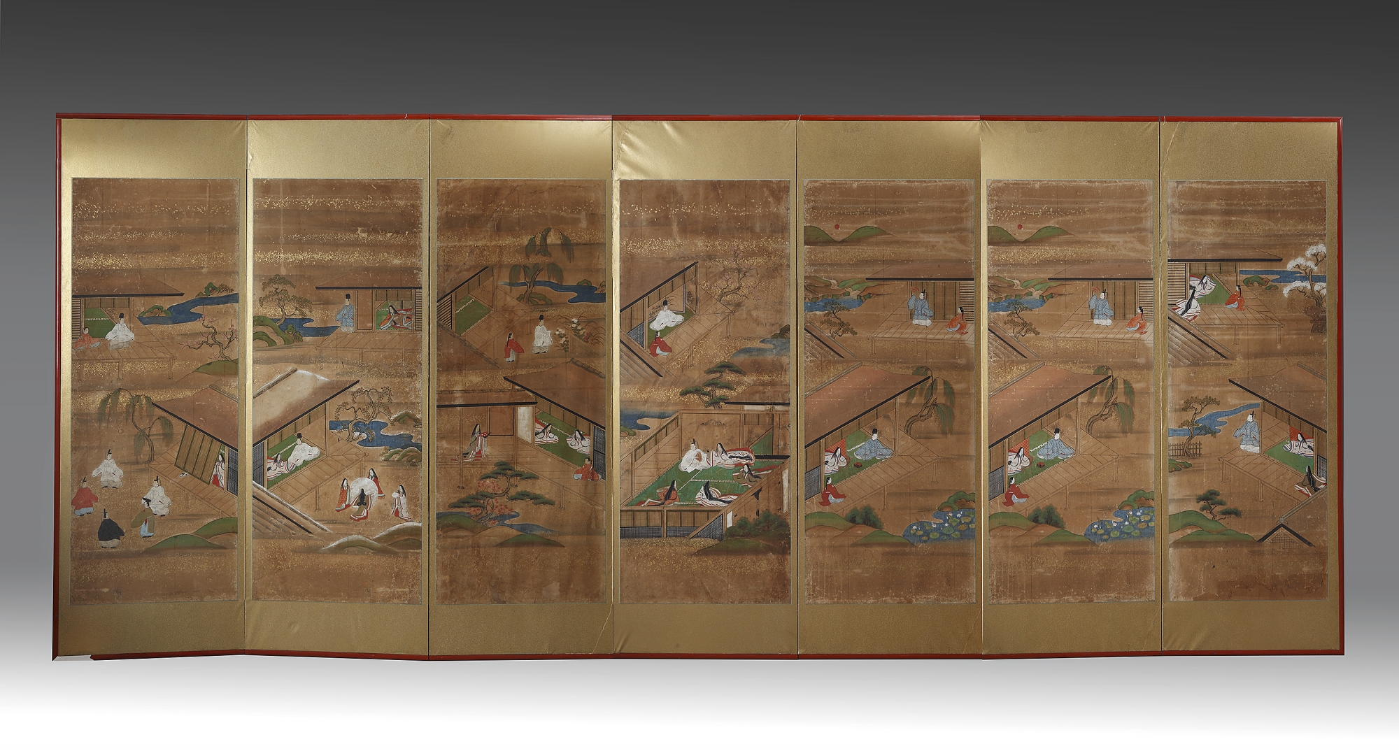 A JAPANESE SIXPANEL BYOBU SCREENS WITH SCENES FROM THE TALE OF GENJI, EDO PERIOD (16031868) OAA