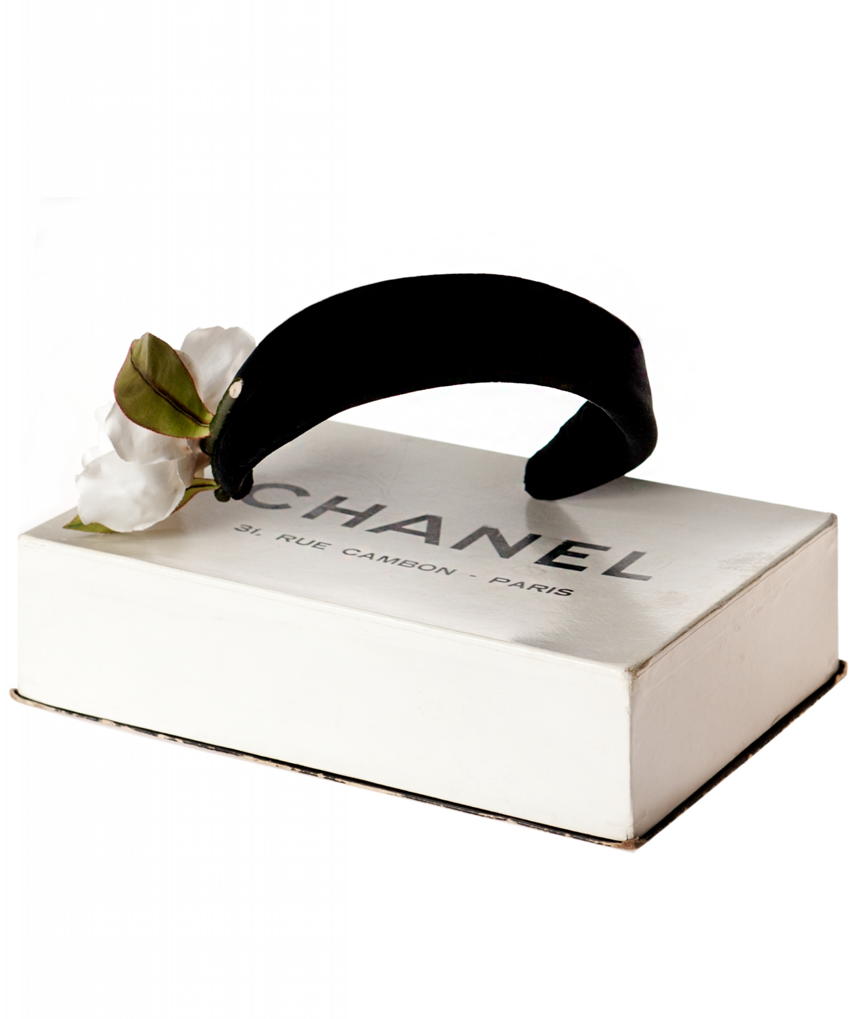 Chanel Black Velvet & White Camellia Headband - Chanel