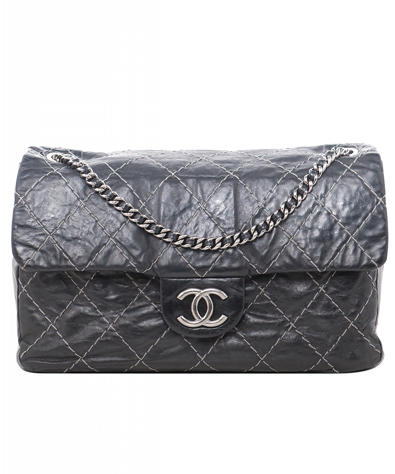 Chanel Black Glazed Goatskin Contrast Double Stitch Flap Bag