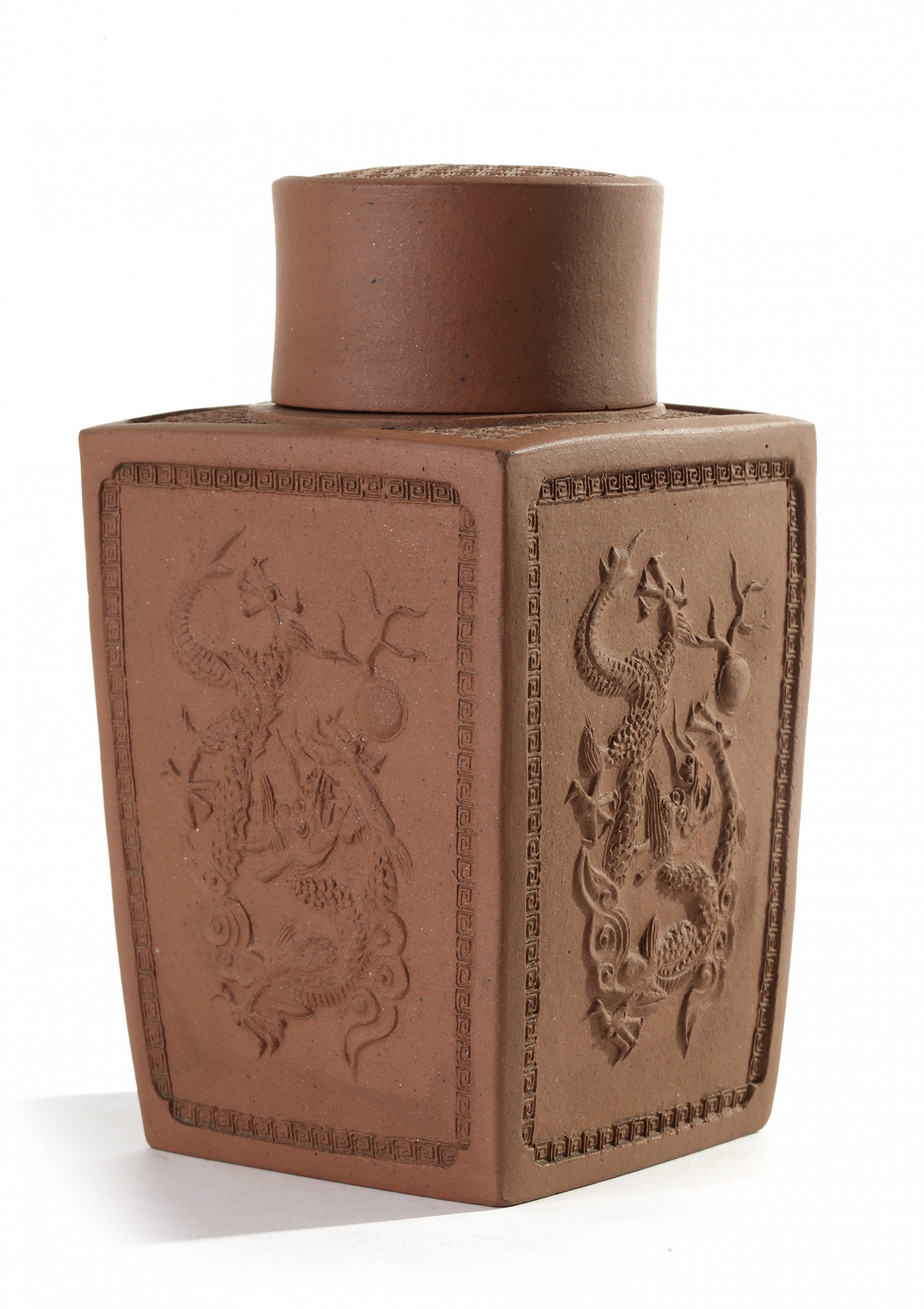 A Chinese yixing 'dragon' squaresection tea caddy and cover OAA