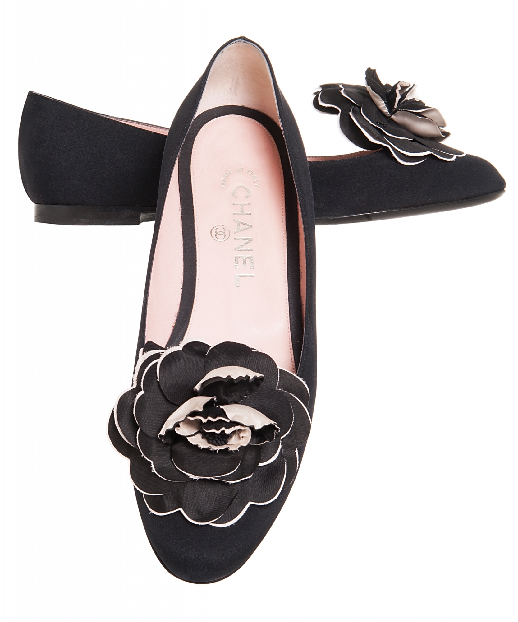 Chanel Black Satin Camellia Ballet Flats - Chanel | La Doyenne