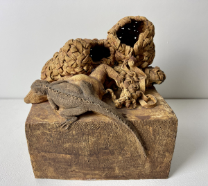 Marion Askjaer Veld, (Strib Denemarken 1943), with the hand formed sculpture of reptiles, executed in artist's atelier Arnhem, 1974 - Marion Askjaer Veld