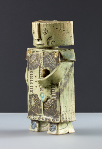 Hans de Jong, ceramic figure 'De Platlander' with bull and canister in hand. With inscription for doctor MG Spruit-Ledeboer - Hans de Jong