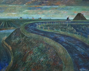 Dirk Breed (Kolhorn 1920 - 2004 Waverveen), olieverf op linnen, 'Eenzame fietser' op de Westfriese Omringdijk, omstreeks 1990 - Dirk Breed