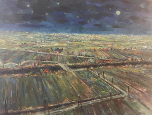 Dirk Breed, olieverf op doek, 'Landschap met maan en sterren'
