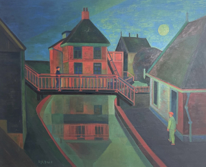 Dirk Breed olieverf op doek, 'Dorpsgezicht Kolhorn', met rode gemaal,1990 - Dirk Breed