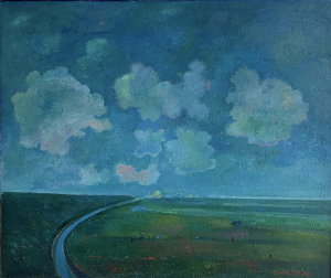 Dirk Breed, olieverf schilderij op linnen, met de titel 'Polderlandschap', omstreeks 1990 geschilderd. - Dirk Breed