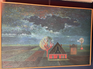 Dirk Breed, olieverf op doek, stolpboerderij met moderne molen