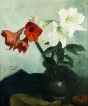 Petrus Theodorus (Piet) van Wijngaerdt, 'Roode en Witte Amaryllis', olieverf op doek, ca. 1925 - Petrus Theodorus (Piet) van Wijngaerdt
