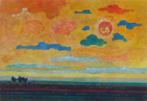 Dirk Breed, Landscape with sunset sky, gouache on paper, signed - Dirk Breed