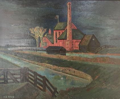 Dirk Breed, olieverf op doek, gemaal met ronde gemetselde schoorsteen